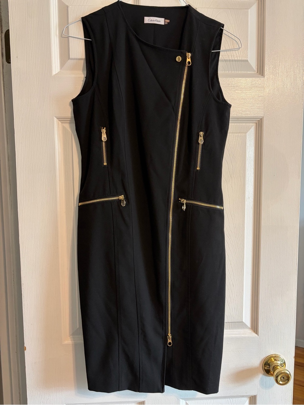 Calvin Klein Black Moto Sheath Dress Size 10 Asymmetric Gold Zipper Sleeveless